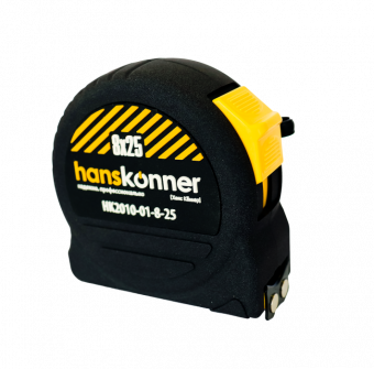 Рулетка Hanskonner HK2010-03-10-25, длина 10 м, ширина 25 мм, 2 стопа, супер мощный магнит в обрезиненном корпусе